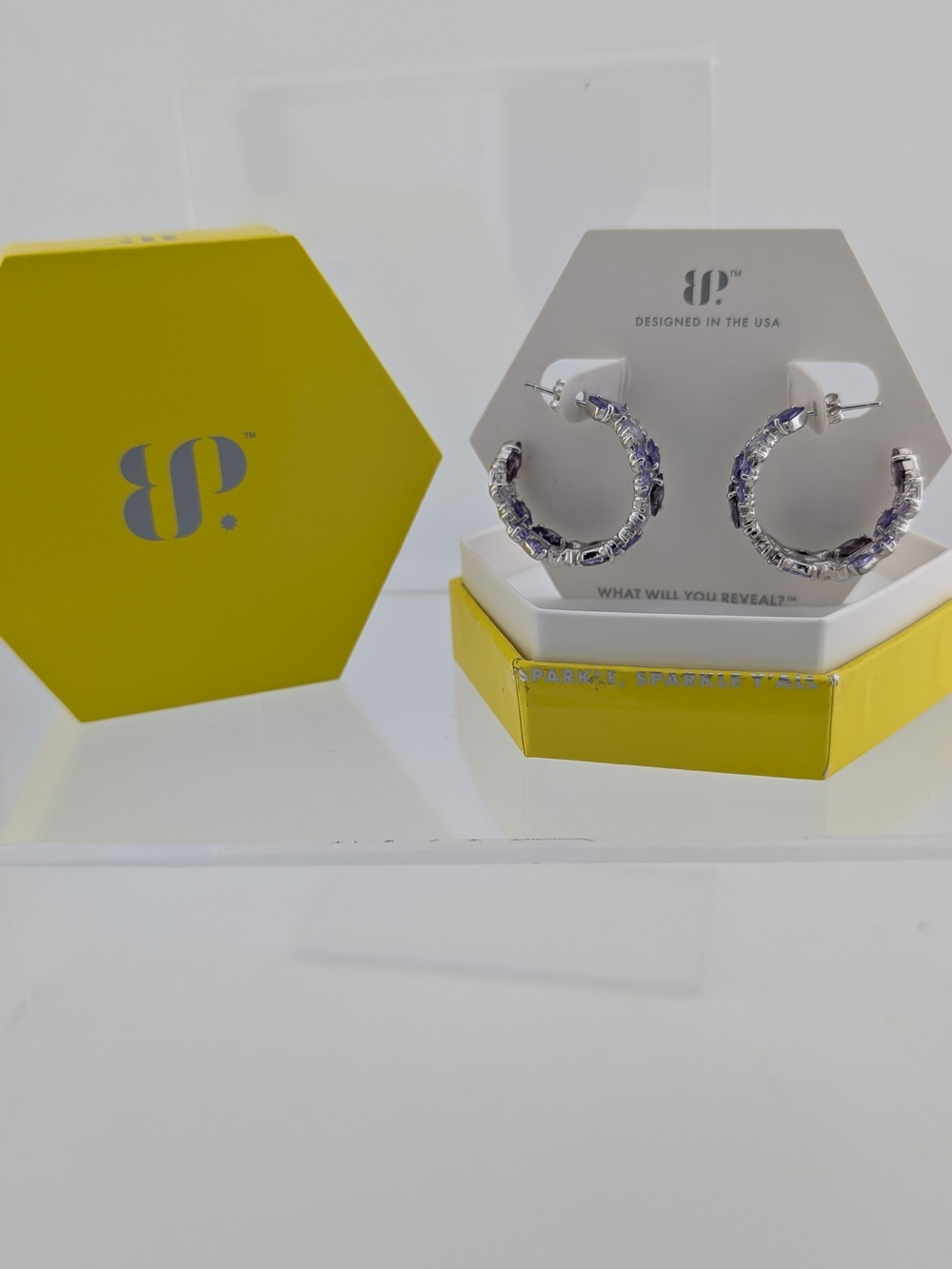 BP Silver Hoop Earrings with Purple Crystal Accents